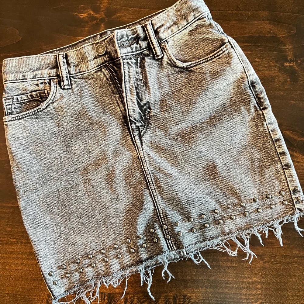 ALL SAINTS | Betty Studded Jean Skirt | Distressed Grey | 100% Cotton
